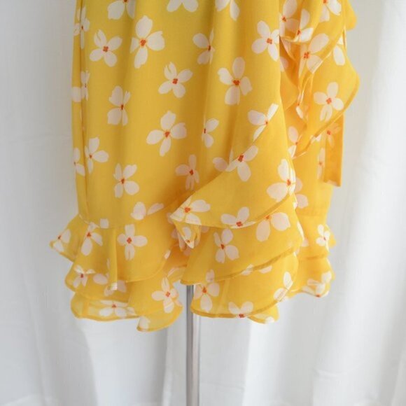 Bardot Yellow Abstract Daisy Yellow Wrap Short Sleeve Mini Dress Sz 8 - Picture 7 of 9